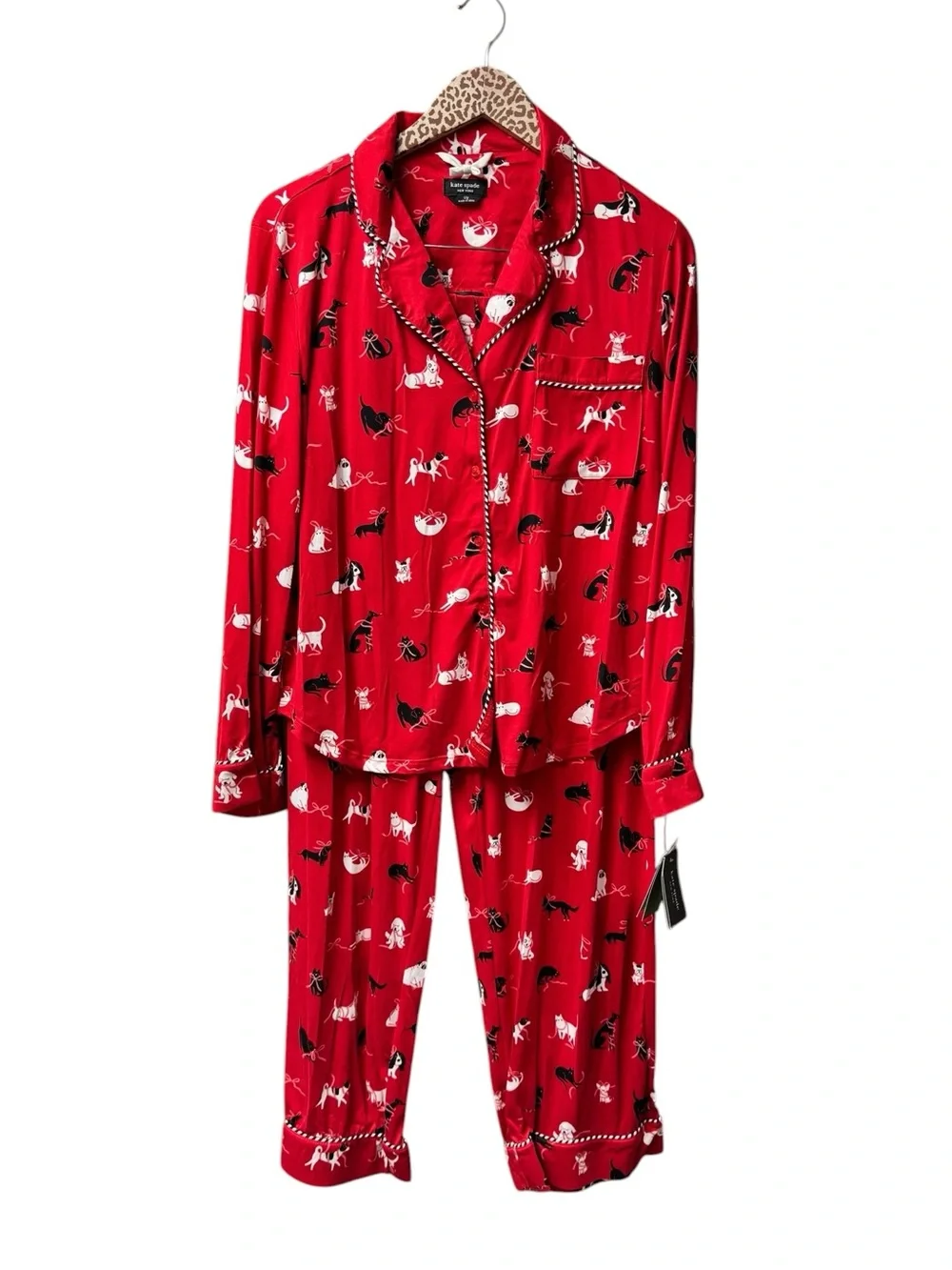 Kate Spade New York Holiday Cozy Jersey Pajama Set Cats Dogs Red Multi Large NEW